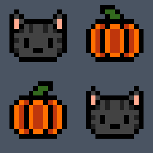 A pixel art drawing of pumpkins and black cats